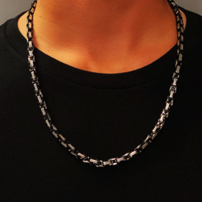 Mens Silver Black Necklace - Byzantine