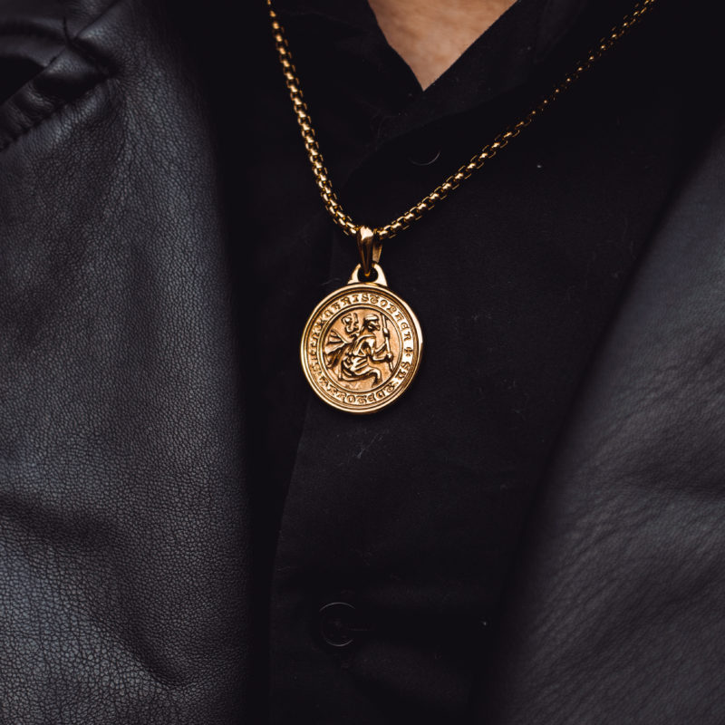 Heavy 25mm Gold St Christopher and Leather Necklace