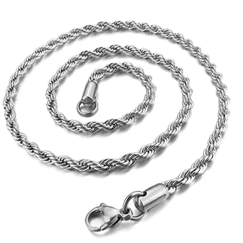 Silver Rope Chain Twisted Link Necklace for Men 18 20 24 30 Length | 2 mm - 7 mm Width 24 / 2 mm