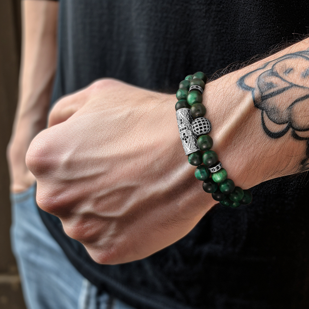 Mens Surfer Beaded Bracelet - Tiger Eye Unisex Wooden Bracelet