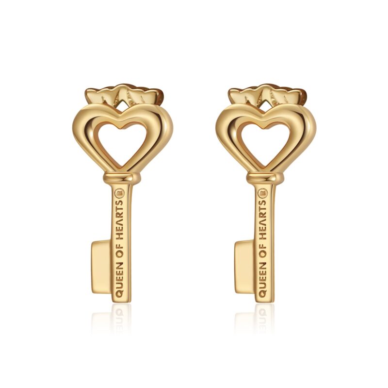 Crowned Heart Key Stud Earrings | Gold