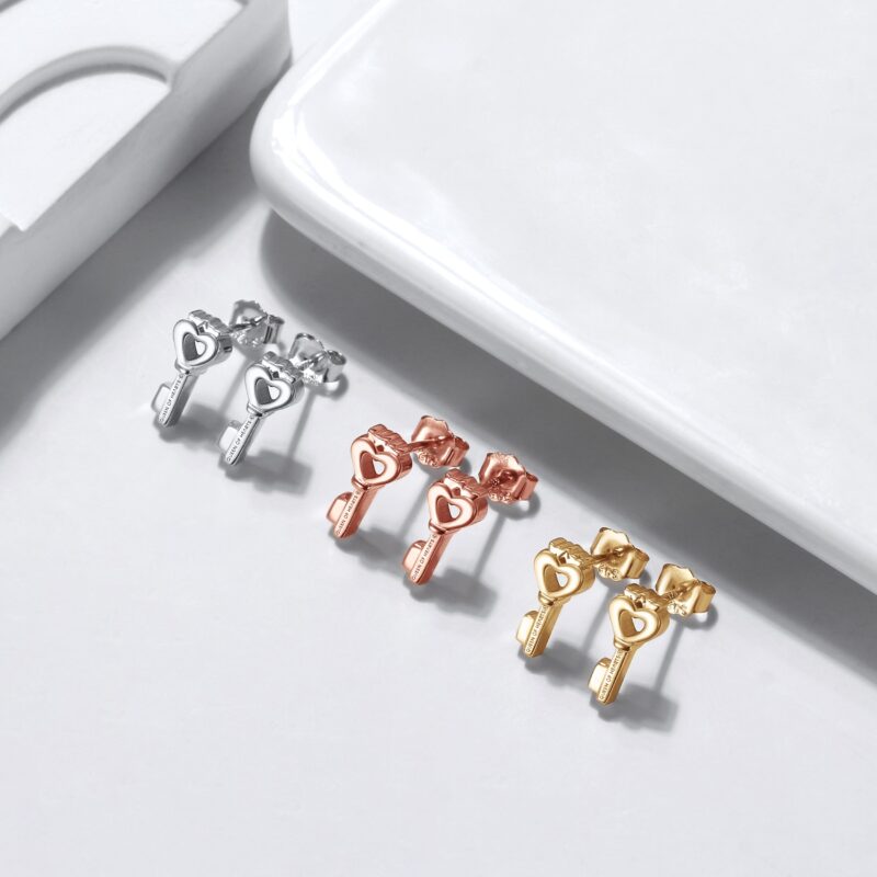 Crowned Heart Key Stud Earrings | Rose Gold - Image 3