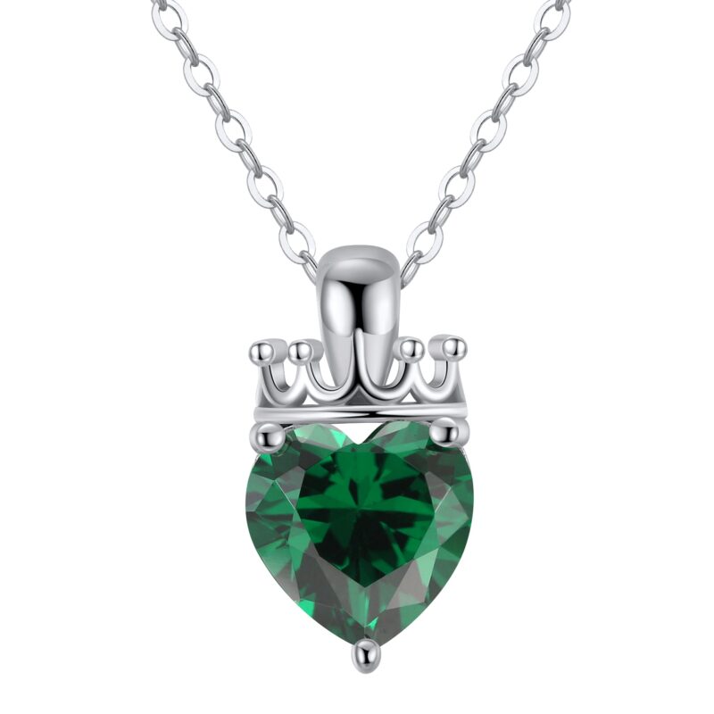 Crowned Heart Birthstone Pendant Necklace | May - Emerald