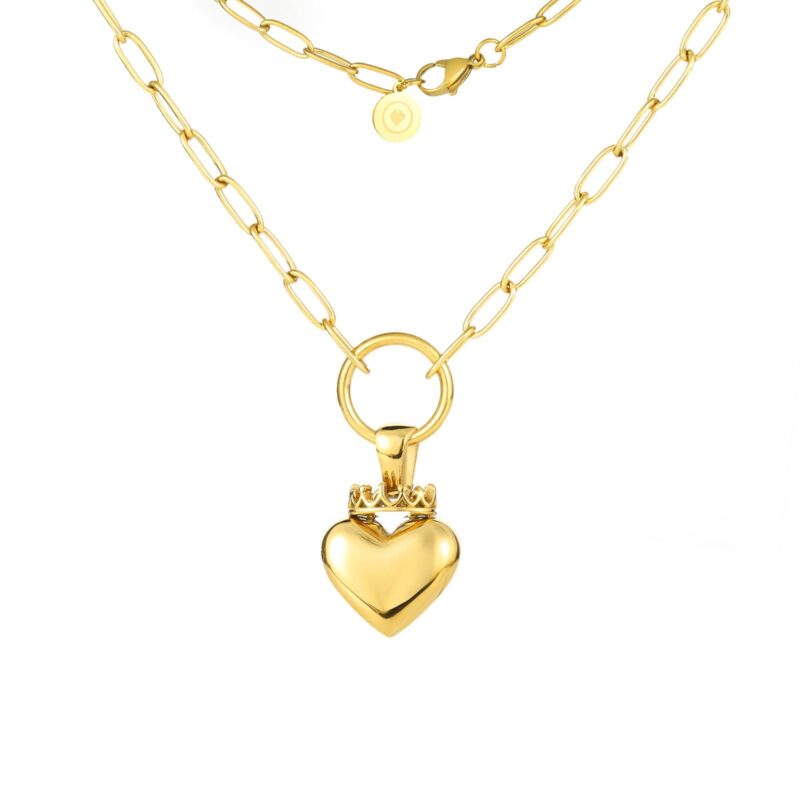 Crowned Heart Paperclip Pendant Necklace | Gold