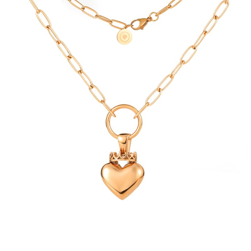 Crowned Heart Paperclip Pendant Necklace | Rose Gold