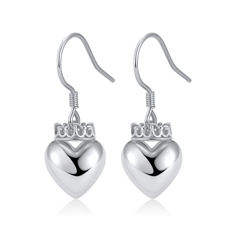 Crowned Heart Drop Earrings | Silver