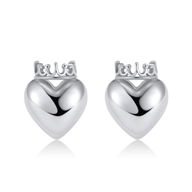 Crowned Heart Stud Earrings | Silver
