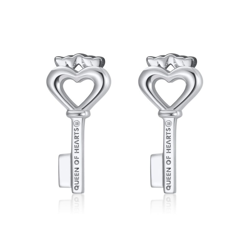 Crowned Heart Key Stud Earrings | Silver