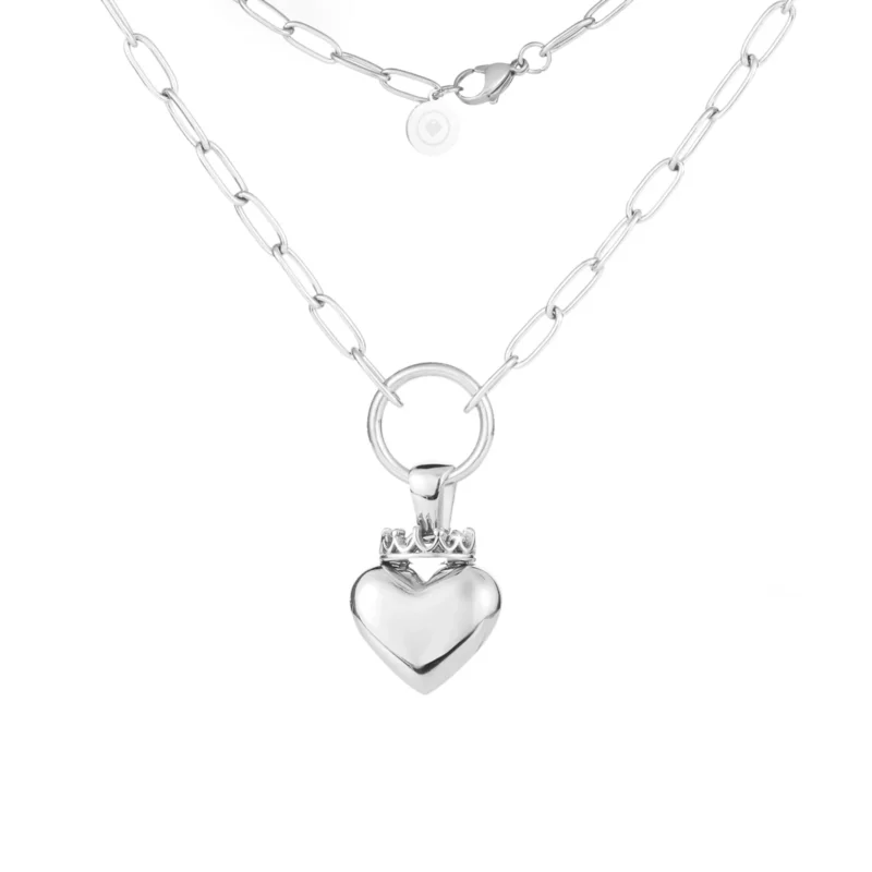 Crowned Heart Paperclip Pendant Necklace | Silver